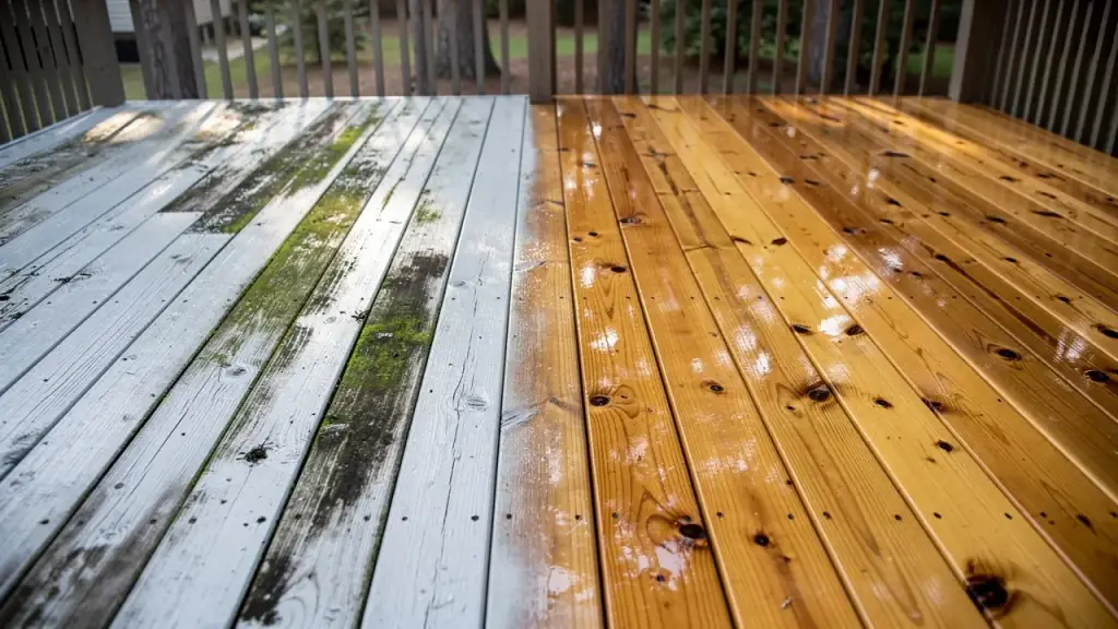 Deck boards weathered grey with algae on the left and cleaned back to honey-brown pine on the right