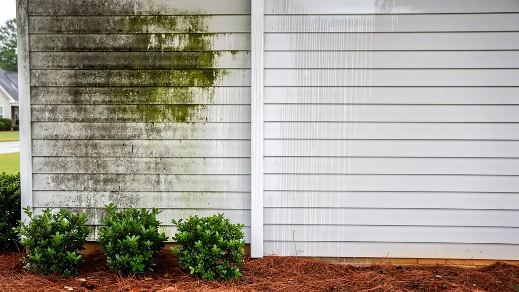 White vinyl siding with green mildew streaks on one side and a clean washed panel on the other