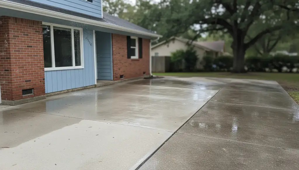 A wet, freshly washed concrete driveway in front of a red-brick and blue-sided ranch house